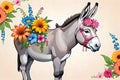 Donkey work friendly animal caricature flowers