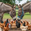 Donkeys with blue halters interact with a flock of chickens on a Royalty Free Stock Photo