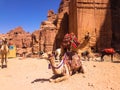 Donkeys and camels having a rest. Bedouins and their animals. Transport in Petra, Jordan. Excursion in to ancient city of Petra. Royalty Free Stock Photo