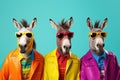 Donkeys in a group, vibrant bright fashionable outfits at birthday party. Generative AI