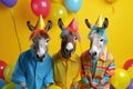 Donkeys in a group, vibrant bright fashionable outfits at birthday party. Generative AI