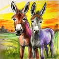 Colorful Pencil Drawing Of Two Donkeys In The Grass