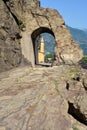 Donnas, Aosta, Aosta Valley,.07-18-2022-The ancient Roman route named Via delle Gallie and its Arch Royalty Free Stock Photo