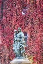 Donndorf Fountain on the red autumn leaves. Weimar, Germany