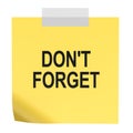 Dont Forget sticky note, yellow reminder paper with tape. 3D rendering Royalty Free Stock Photo
