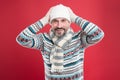 Dont let cold winter weather affect your style. Happy man in winter style red background. Mature man in casual comfy Royalty Free Stock Photo