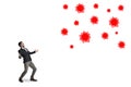 Dont panic, be prepared. a businessman being attacked by a virus against a white background.