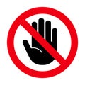 Dont stop icon. Pforbidden sign. Hand prohibit. Forbidden access. Symbol ban entry. Red circle and black palm isolated on white ba