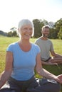 Dont take things too seriously. a happy mature couple doing yoga together outdoors.
