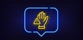 Dont touch line icon. Hand warning sign. Neon light speech bubble. Vector