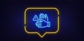 Dont touch line icon. Hands warning sign. Neon light speech bubble. Vector