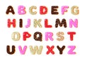 Donut alphabet. Cartoon sweet candy bakery font for logo design, creative funny doughnut ABC typeface uppercase letters