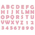Donut alphabet and numbers on white background. Bakery sweet tasty font. Pink letters and numbers