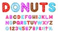 Donut alphabet. Sweet bakery donut font, pink, blue and red glazed chocolate donut letters and numbers. Donut tasty abc