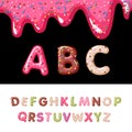 Donut alphabet. Sweet bakery donut font, pink, blue and red glazed Chocolate letters. Tasty abc vector illustration set