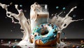 Donut with blue chocolate coating. In the background a glass of milk with a splash. Dynamic advertising shot.