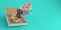 Donut box falling or flying in motion on mint background with copy space 3d-illustration