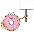 Donut Cartoon Mascot Character With Sprinkles Holding Up A Blank Sign