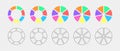 Donut charts divided in 7 multicolored and graphic segments. Infographic wheels set. Round diagrams or loading bars cut