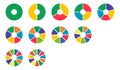 Donut charts, pies segmented on from 1 to 11 equal parts. Pie, pizza chart round icons layout.