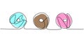 Donut continuous one line drawing for restaurant. Fresh sweet delicious American donuts restaurant logo emblem. Doughnut cafe shop