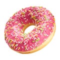 Donut with coral color glaze and colorful sprinkles isolated on white background. One round pink doughnut Royalty Free Stock Photo