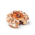 Donut with cream and hazelnut core. View from a forty-five degree angle. Isolated image. The side-bite donut Royalty Free Stock Photo