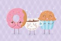 Donut cupcake and chocolate cup kawaii food cartoon character design