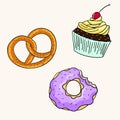 Donut cupcake pretzel color vector illustration