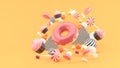 Donut ,Cupcakes ,Macaron,Candy floating among colorful balls on an orange background. Royalty Free Stock Photo