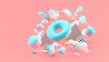 Donut ,Cupcakes ,Macaron,Candy floating among colorful balls on a pink background.- Royalty Free Stock Photo