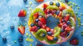 A donut is decorated with a variety of colorful and fruity toppings