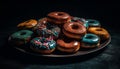 Donut dessert, chocolate icing, sweet temptation, indulgence, multi colored plate, baked generated by AI Royalty Free Stock Photo