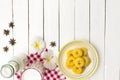 Donut dessert and milk bottle and milk glass on Red checkered fabric .Meal or breakfast hi-vitamin and calcium