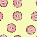 Donut doodles seamless pattern. Pink donut with topping on yellow pastel background. Cute cartoon background template