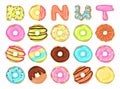 Donut or doughnut set. Collection of delicious dessert with chocolate, Royalty Free Stock Photo