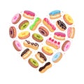 Donut and Eclair Heart Shaped Design with Sweet and Yummy Creamy Food Vector Template