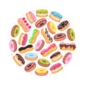 Donut and Eclair Round Composition Design with Sweet and Yummy Creamy Food Vector Template