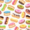 Donut and Eclair Seamless Pattern Design with Sweet and Yummy Creamy Food Vector Template