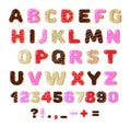 Donut font. Colorful sweet doughnut bakery alphabet latin letters and numbers for decoration, cartoon kids typeface cute