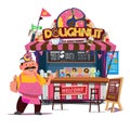 Donut Food booth. Street Food cart concept with merchant character design - vector illustration
