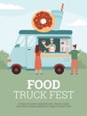 Donut food truck on summer festival vector flayer. Man in van sells doughnuts and soft drinks to a woman. Royalty Free Stock Photo