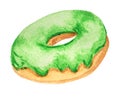 Donut with green glazed on a white background.
