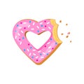 Donut heart bite vector icon for Valentines day, cartoon doughnut with pink glaze. Sweet food illustration Royalty Free Stock Photo