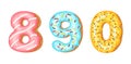 Donut icing numbers digits - 8, 9, 0. Font of donuts. Bakery sweet alphabet. Donut alphabet latters A b C isolated on Royalty Free Stock Photo