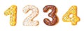 Donut icing numbers digits - 1, 2, 3, 4. Font of donuts. Bakery sweet alphabet. Donut alphabet latters A b C isolated on