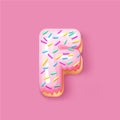 Donut icing pink upper latters - F Font of donuts. Bakery sweet alphabet. Donut alphabet latter F isolated on pink