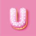 Donut icing pink upper latters - U Font of donuts. Bakery sweet alphabet. Donut alphabet latter U isolated on pink Royalty Free Stock Photo