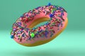 Donut with icing and sprinkles on a green background. Levitation. 3D render Royalty Free Stock Photo