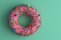 Donut with icing and sprinkles on a green background. Top view. 3D render Royalty Free Stock Photo